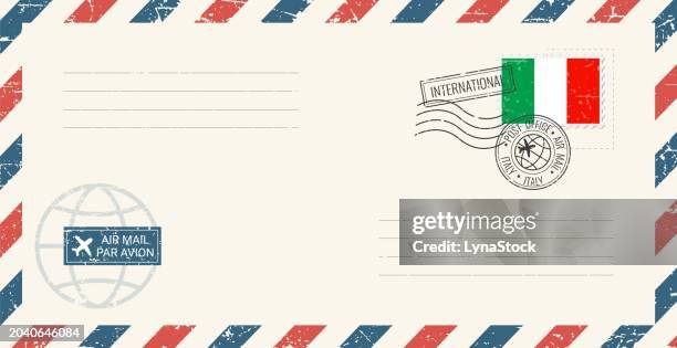 blank air mail grunge envelope with italy postage stamp. vintage postcard vector illustration with italian national flag isolated on white background. retro style. - italy stock illustrations