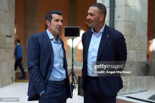 Laureus Academy Members Luis Figo and Ruud Gullit interact during the Laureus World Sports Awards 2024 nominations announcement at Real Casa de...