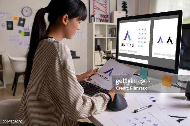 asian graphic designer working in office. designing logo artist creative designer illustrator graphic skill concept. - desenhador-gráfico imagens e fotografias de stock