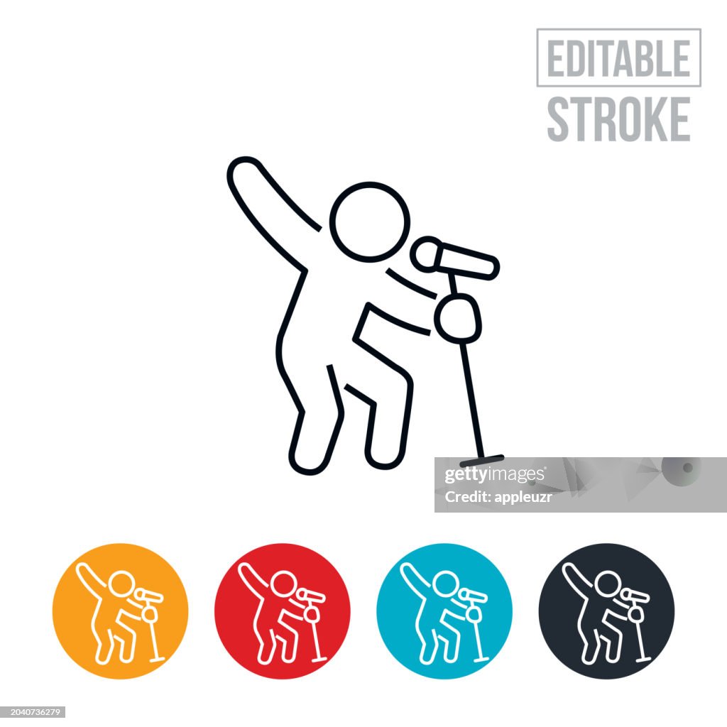 Musician Singing Into A Microphone At A Concert Thin Line Icon - Editable Stroke