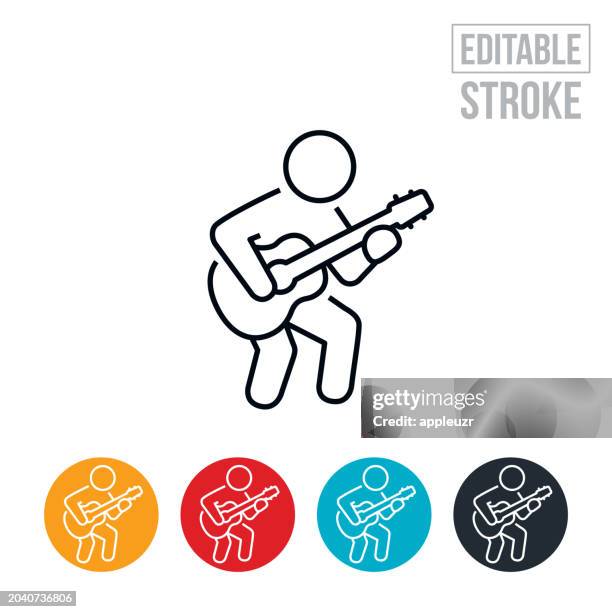 musician playing the guitar and jamming out thin line icon - editable stroke - talent show stock illustrations