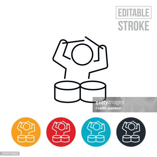 musician playing the drums and jamming out thin line icon - editable stroke - talent show stock illustrations