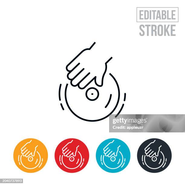 disc jockey with hand on turntable thin line icon - editable stroke - deck stock illustrations