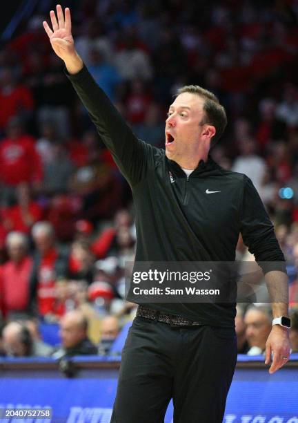 Head coach Richard Pitino of the New Mexico Lobos calls a play during the second half of a game against the Air Force Falcons at The Pit on February...