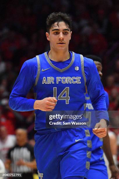 Beau Becker of the Air Force Falcons jogs up the court during the second half of a game against the New Mexico Lobos at The Pit on February 24, 2024...