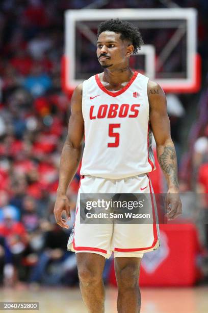 Jamal Mashburn Jr. #5 of the New Mexico Lobos looks on during the second half of a game against the Air Force Falcons at The Pit on February 24, 2024...