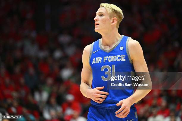 Rytis Petraitis of the Air Force Falcons looks on during the second half of a game against the New Mexico Lobos at The Pit on February 24, 2024 in...