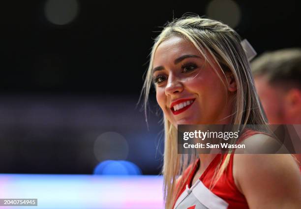 New Mexico Lobos cheerleader stands on the court during a timeout in the second half of a game against the Air Force Falcons at The Pit on February...