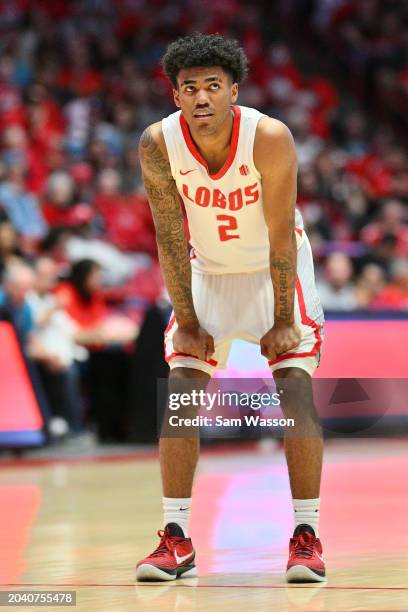 Donovan Dent of the New Mexico Lobos looks on during a break in the action in the first half of a game against the Air Force Falcons at The Pit on...