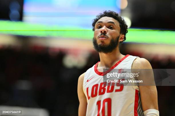 Jaelen House of the New Mexico Lobos looks on during the first half of a game against the Air Force Falcons at The Pit on February 24, 2024 in...