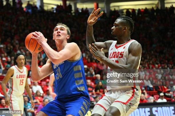 Wesley Celichowski of the Air Force Falcons looks to shoot against Nelly Junior Joseph of the New Mexico Lobos during the first half at The Pit on...