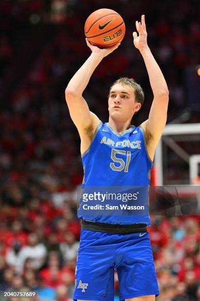 Wesley Celichowski of the Air Force Falcons shoots against the New Mexico Lobos during the first half at The Pit on February 24, 2024 in Albuquerque,...