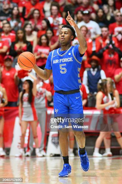 Ethan Taylor of the Air Force Falcons calls a play against the New Mexico Lobos during the first half at The Pit on February 24, 2024 in Albuquerque,...