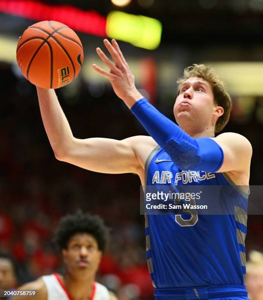 Luke Kearney of the Air Force Falcons goes up for a layup against the New Mexico Lobos during the first half at The Pit on February 24, 2024 in...