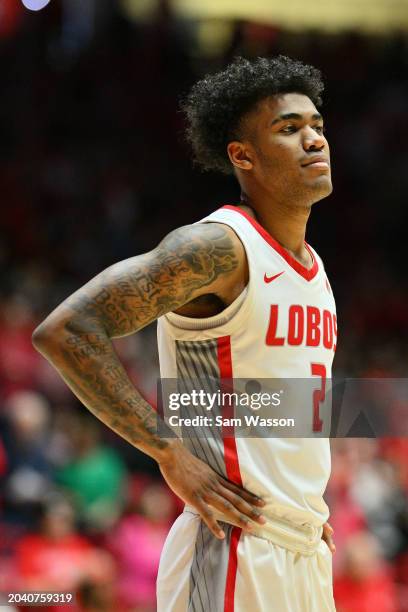 Donovan Dent of the New Mexico Lobos stands on the court before the start of a game against the Air Force Falcons at The Pit on February 24, 2024 in...