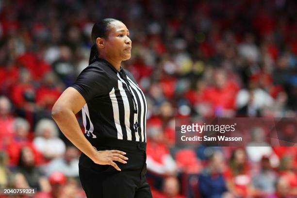 Referee Janetta Graham looks on during the first half of a game between the Air Force Falcons and the New Mexico Lobos at The Pit on February 24,...