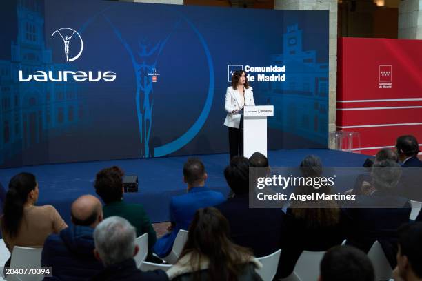 Isabel Díaz Ayuso, President of the Madrid Regional Government, gives a speech during the Laureus World Sports Awards 2024 nominations announcement...