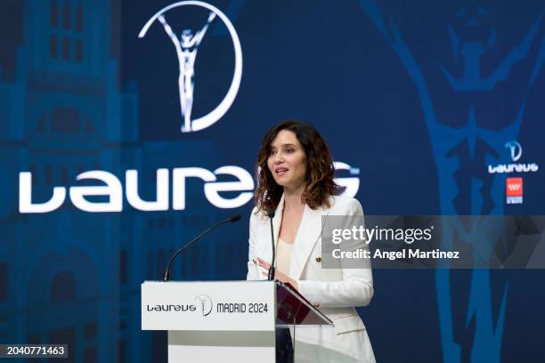 Isabel Díaz Ayuso, President of the Madrid Regional Government, gives a speech during the Laureus World Sports Awards 2024 nominations announcement...