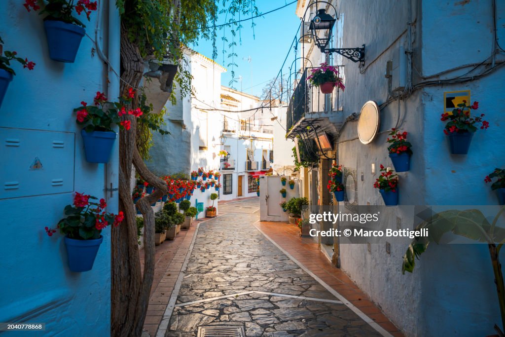 Pedestrian streets in the the cozy old town of Marbella, Spain
