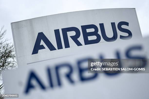 This photograph taken on February 29 shows the logo of the Airbus company at the Airbus Atlantic plant in Bouguenais, near Nantes, western France, on...