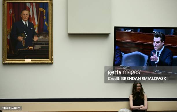 Rep. Matt Gaetz is seen on a TV screen as US Defense Secretary Lloyd Austin testifies during a House Committee on Armed Services hearing to examine...
