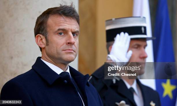 French President Emmanuel Macron waits for guest arrivals for a conference in support of Ukraine with European leaders and government representatives...