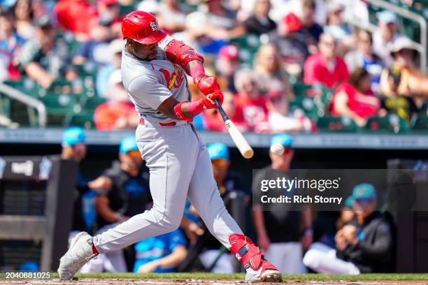 Jordan Walker of the St. Louis Cardinals takes a swing against the Miami Marlins during the second inning of a spring training game at Roger Dean...