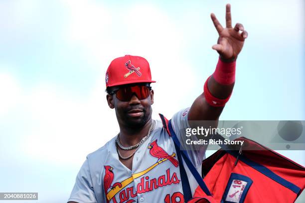 Jordan Walker of the St. Louis Cardinals arrives prior to a spring training game against the Miami Marlins at Roger Dean Stadium on February 26, 2024...