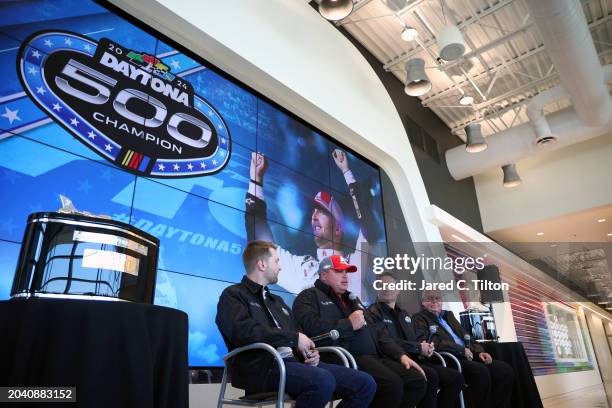 William Byron, Rudy Fugle, Jeff Gordon, and Rick Hendrick look on during the 2024 Daytona 500 Champion Celebration at Hendrick Motorsports Campus on...