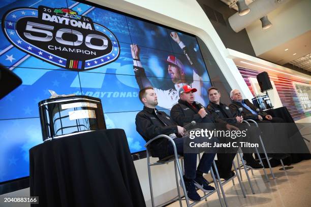 William Byron, Rudy Fugle, Jeff Gordon, and Rick Hendrick look on during the 2024 Daytona 500 Champion Celebration at Hendrick Motorsports Campus on...