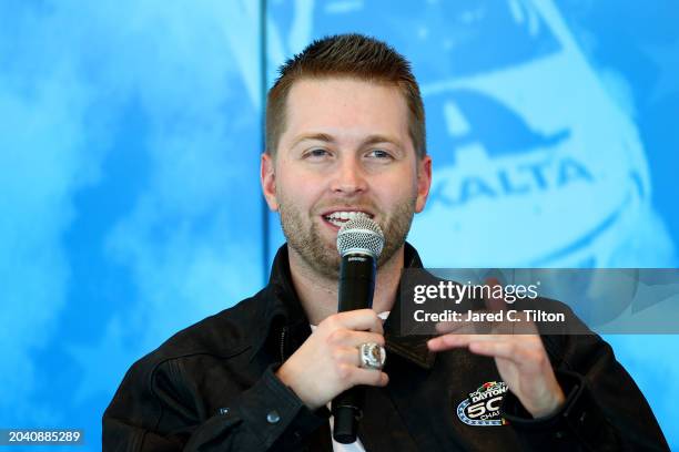 William Bryon speaks with guests and team on during the 2024 Daytona 500 Champion Celebration at Hendrick Motorsports Campus on February 26, 2024 in...