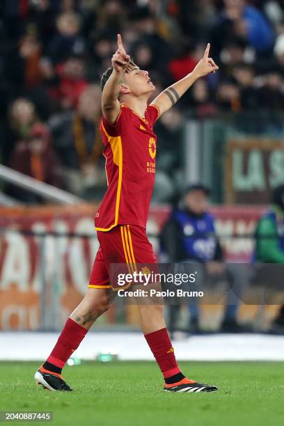 Paulo Dybala of AS Roma celebrates scoring his team's second goal during the Serie A TIM match between AS Roma and Torino FC at Stadio Olimpico on...