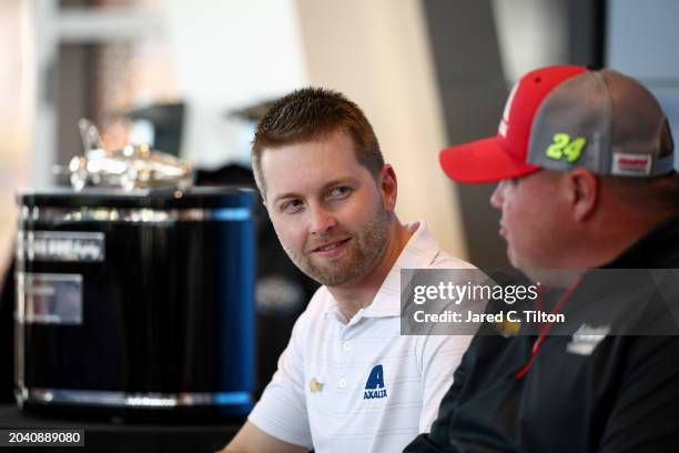 William Byron and Rudy Fugle look on during the 2024 Daytona 500 Champion Celebration at Hendrick Motorsports Campus on February 26, 2024 in Concord,...