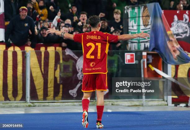 Paulo Dybala of AS Roma celebrates scoring his team's third goal and his hat-trick during the Serie A TIM match between AS Roma and Torino FC at...