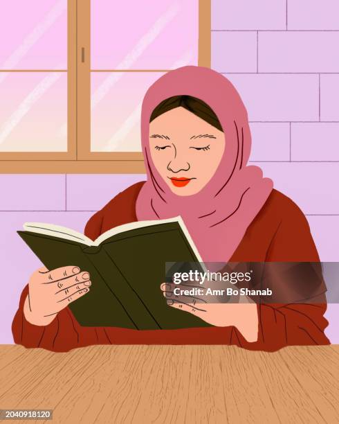 illustrations, cliparts, dessins animés et icônes de muslim woman in hijab reading book at table - dorm room