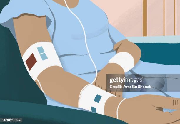 close up female cancer patient receiving chemotherapy treatment - unrecognizable person stock illustrations