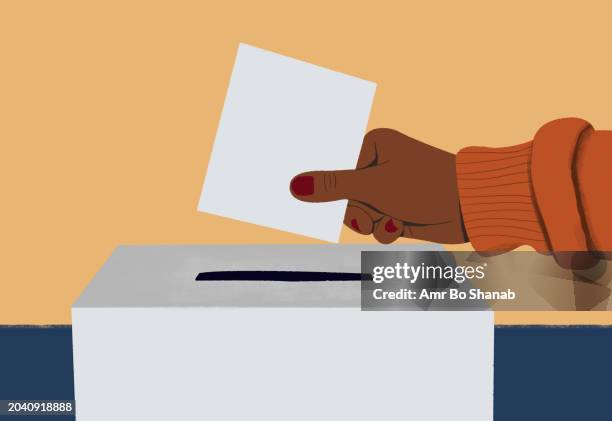 close up hand of female voter placing ballot in ballot box - voting illustration stock illustrations