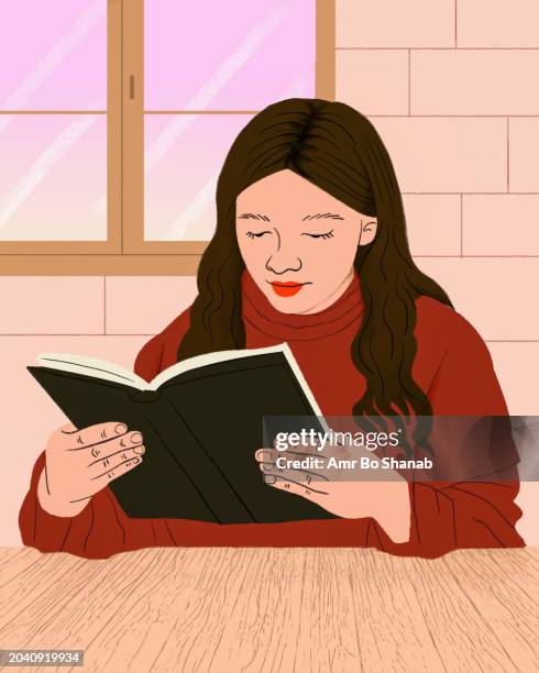 illustrations, cliparts, dessins animés et icônes de brunette woman reading book at table - dorm room