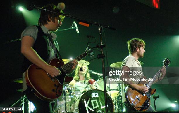 Matthew Followill, Nathan Followill, and Caleb Followill of Kings of Leon perform at Bill Graham Civic Auditorium on May 21, 2009 in San Francisco,...