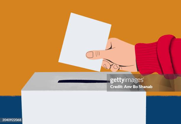 ilustrações de stock, clip art, desenhos animados e ícones de close up hand of voter placing ballot in ballot box on election day - polling station