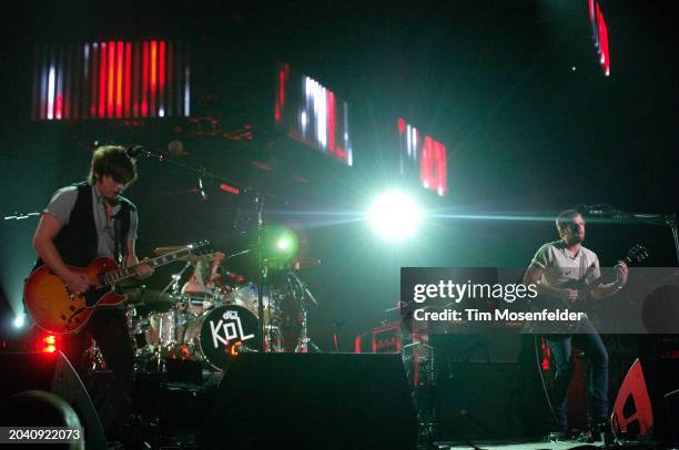 Matthew Followill, Nathan Followill, and Caleb Followill of Kings of Leon perform at Bill Graham Civic Auditorium on May 21, 2009 in San Francisco,...