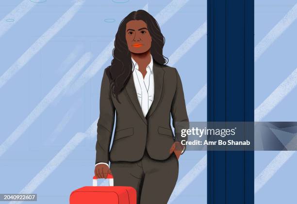 businesswoman with suitcase traveling, in airport - business trip stock illustrations