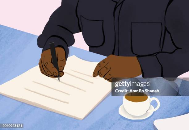 close up man with coffee filling out paperwork - note message stock illustrations