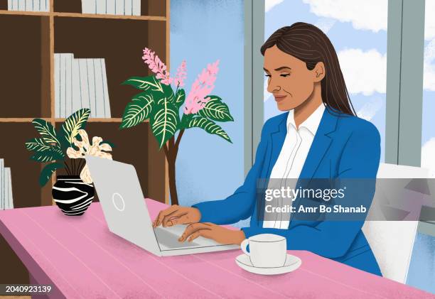 businesswoman working at laptop in office - interior stock illustrations