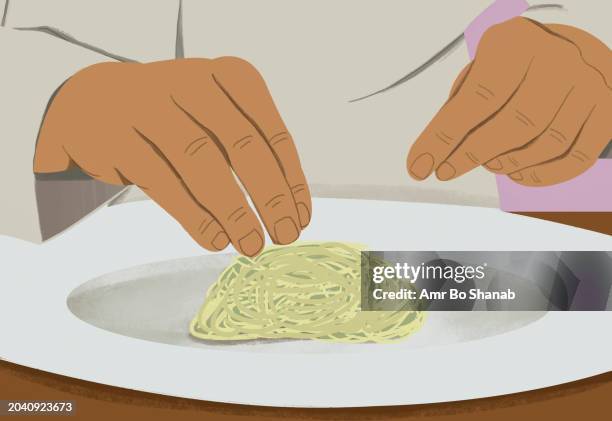 close up hands of chef plating pasta on plate - chef stock illustrations