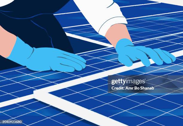 close up engineer in gloves installing solar panels - industrial building stock illustrations