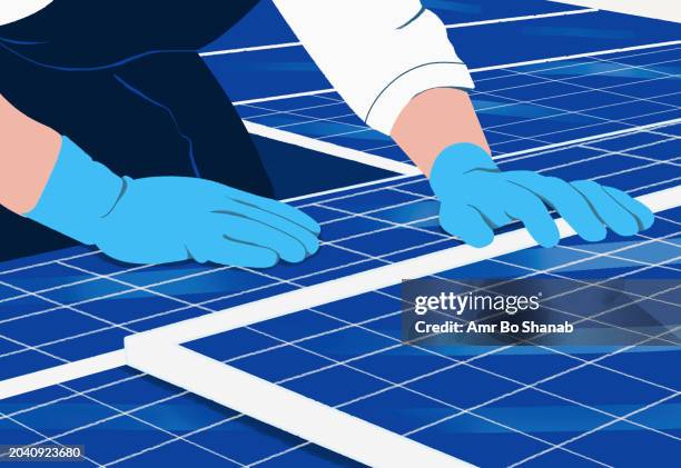 close up engineer in gloves installing solar panels - solar installation stock illustrations