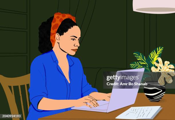 focused woman working from home at laptop in dining room - hispanic woman using computer stock illustrations