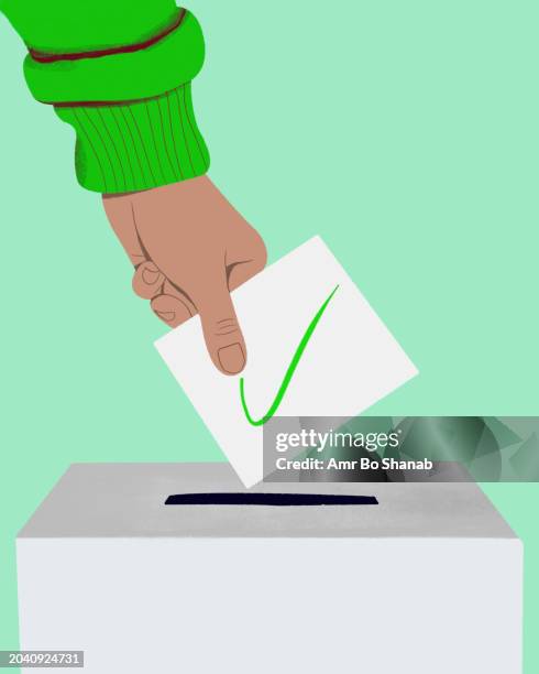 close up hand of voter placing ballot with green check mark in ballot box - agreement stock illustrations