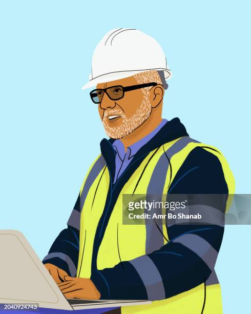 male engineer in reflective vest and hard hat using laptop - senior men stock illustrations